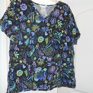 Black with hearts and flowers scrub top